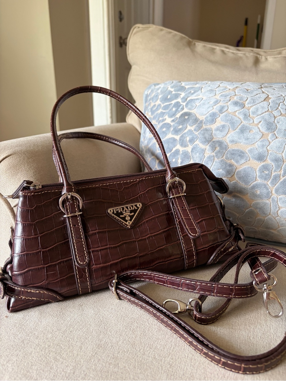 Designer Inspired Dark Brown Croc-Embossed Leather Satchel